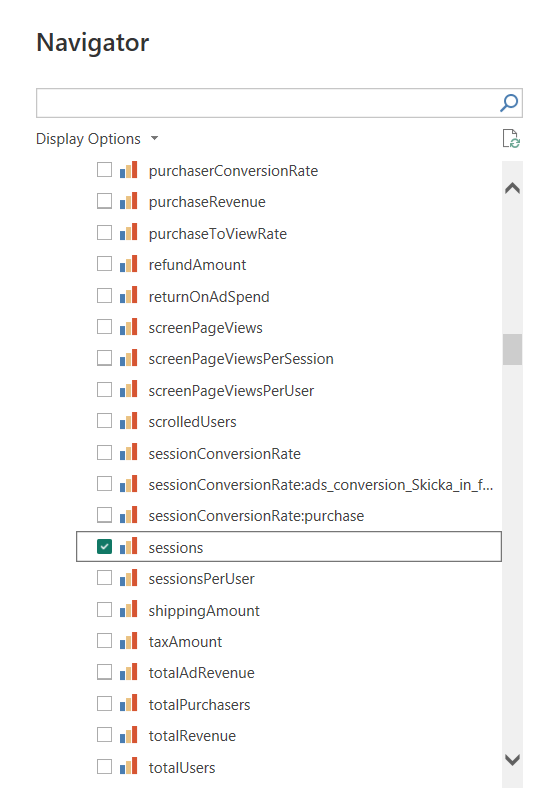 Select the desired data points that Power BI shall read from Google Analytics